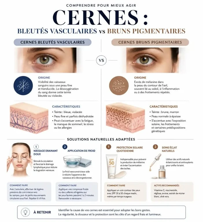 Infographie explicative sur les causes des cernes et les méthodes pour cacher ses cernes sans maquillage naturellement