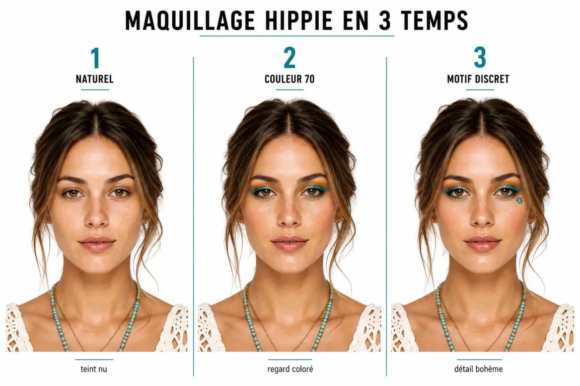 Maquillage hippie en étapes avec teint lumineux, yeux colorés et détail bohème