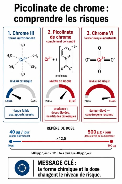 Danger du picolinate de chrome : comparaison visuelle des formes de chrome et des niveaux de risque