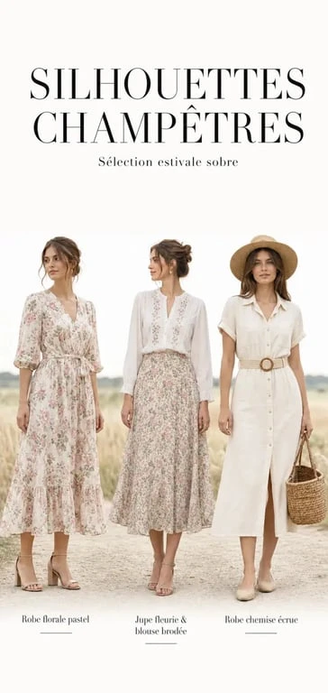 Inspirations de tenue champetre femme avec robe florale, jupe midi, blouse brodée et accessoires naturels