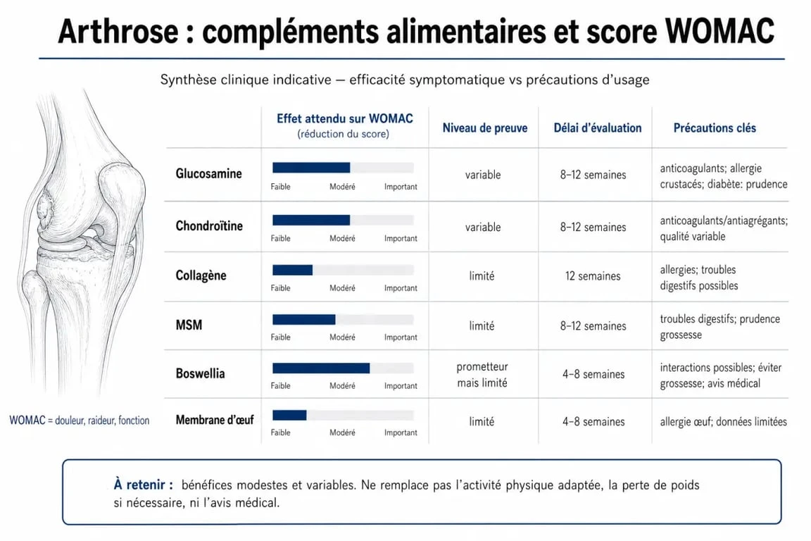 Comparatif des compléments alimentaires pour l'arthrose : efficacité clinique et précautions d'usage