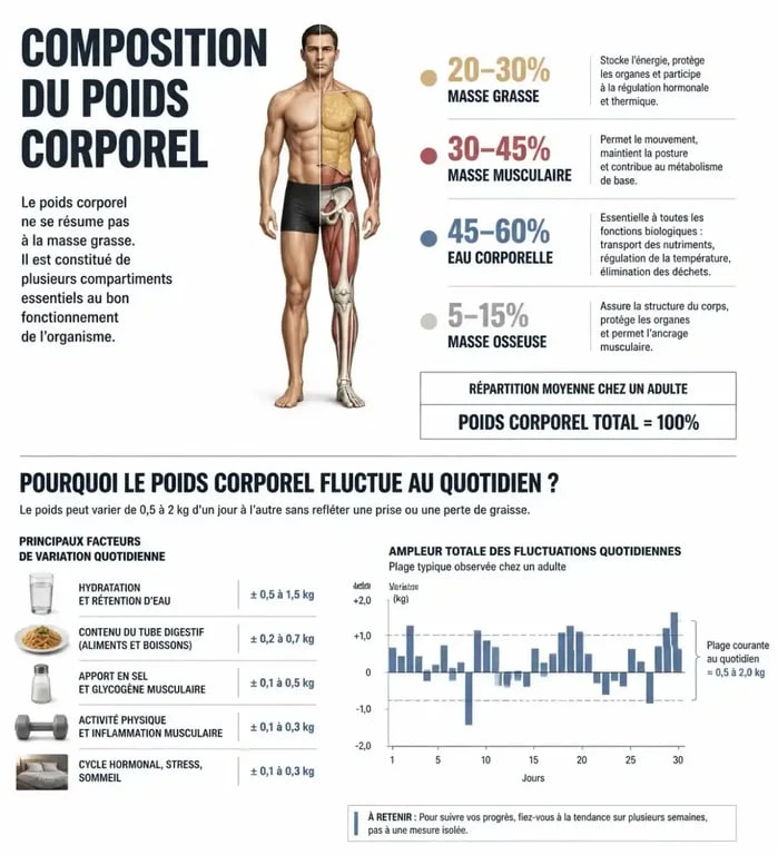 Infographie explicative sur les variations de poids et les facteurs influençant la pesée quotidienne