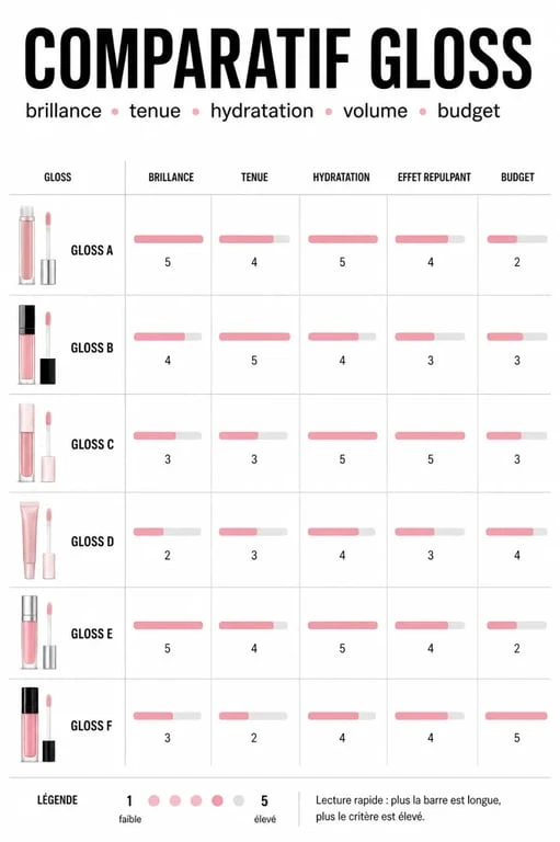 Meilleur gloss : comparatif visuel des meilleurs gloss pour les lèvres selon la brillance, l’hydratation, la tenue et le budget