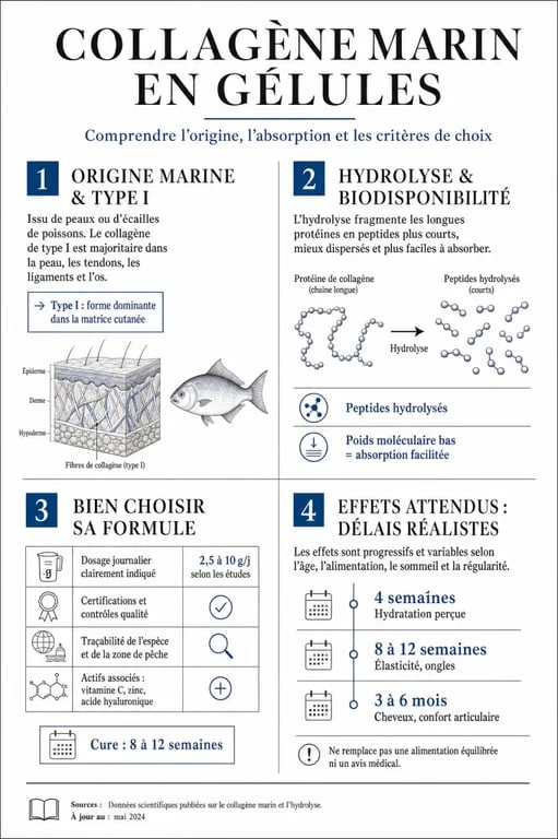 Infographie sur le collagène marin en gélules : composition, dosage et critères de choix