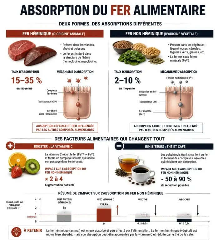 Infographie sur l'absorption du fer alimentaire et les aliments riches en fer pour lutter contre la carence