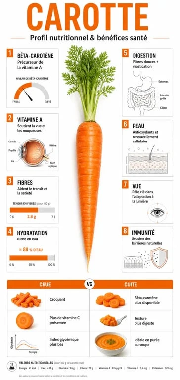 Infographie sur les bienfaits de la carotte : vitamine A, bêta-carotène, fibres, peau, vue et comparaison crue ou cuite