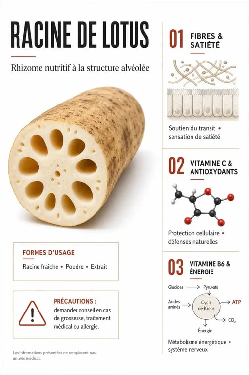 Infographie sur la racine de lotus bienfaits, avec ses fibres, vitamines et formes d’utilisation