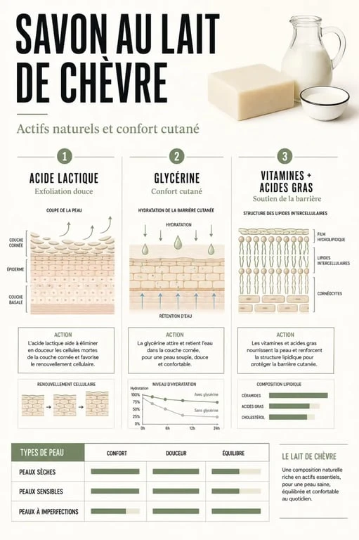 Infographie sur les savon lait de chèvre bienfaits, composition et effets sur la peau