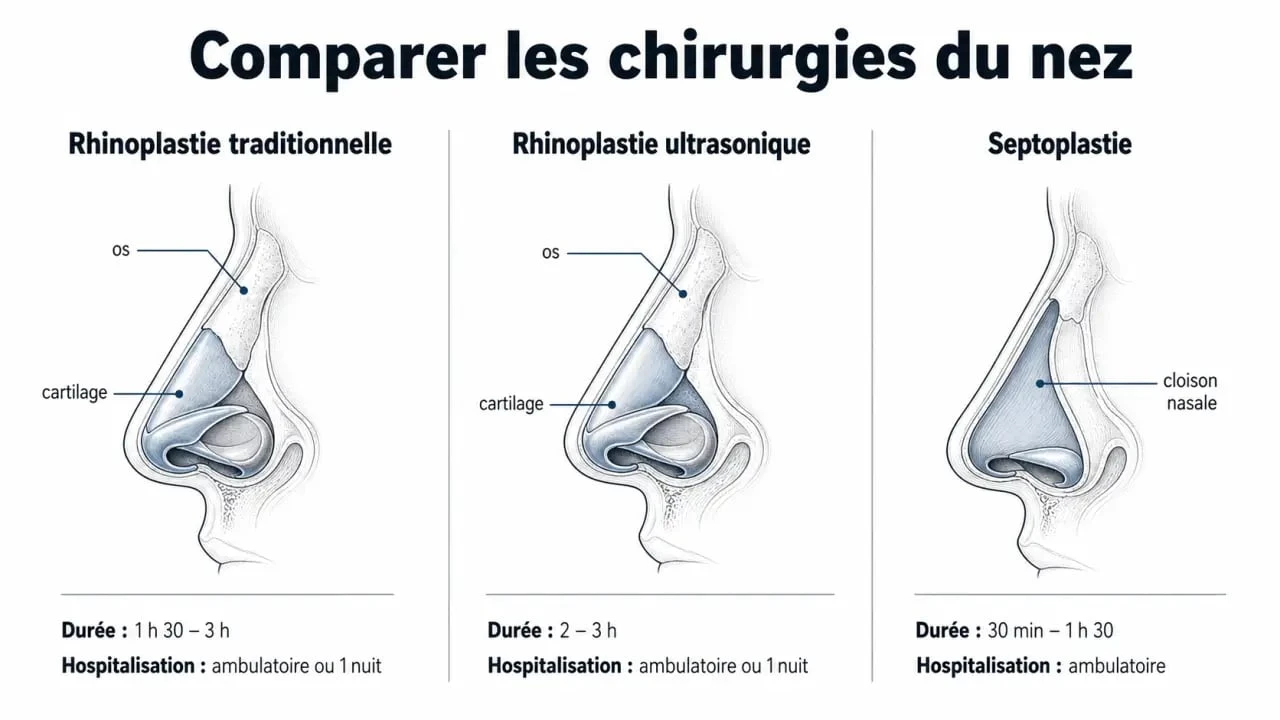 Chirurgie nez : comparaison entre rhinoplastie traditionnelle, rhinoplastie ultrasonique et septoplastie