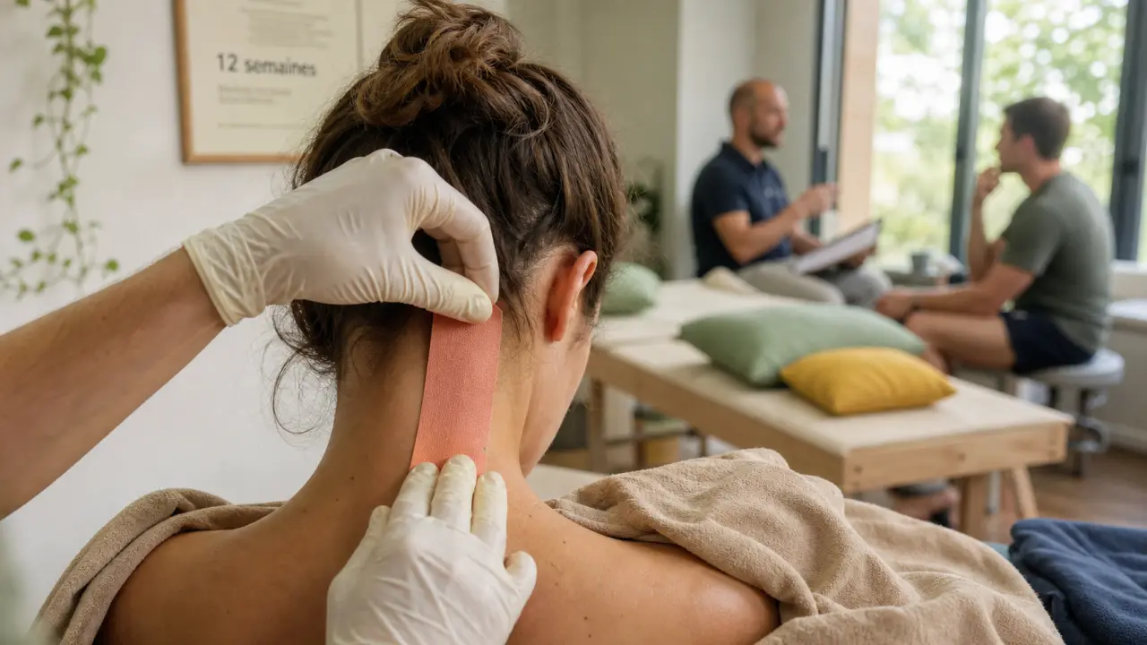 Entorse cervicale temps de guérison : tape neuroproprioceptif sur la nuque en kinésithérapie