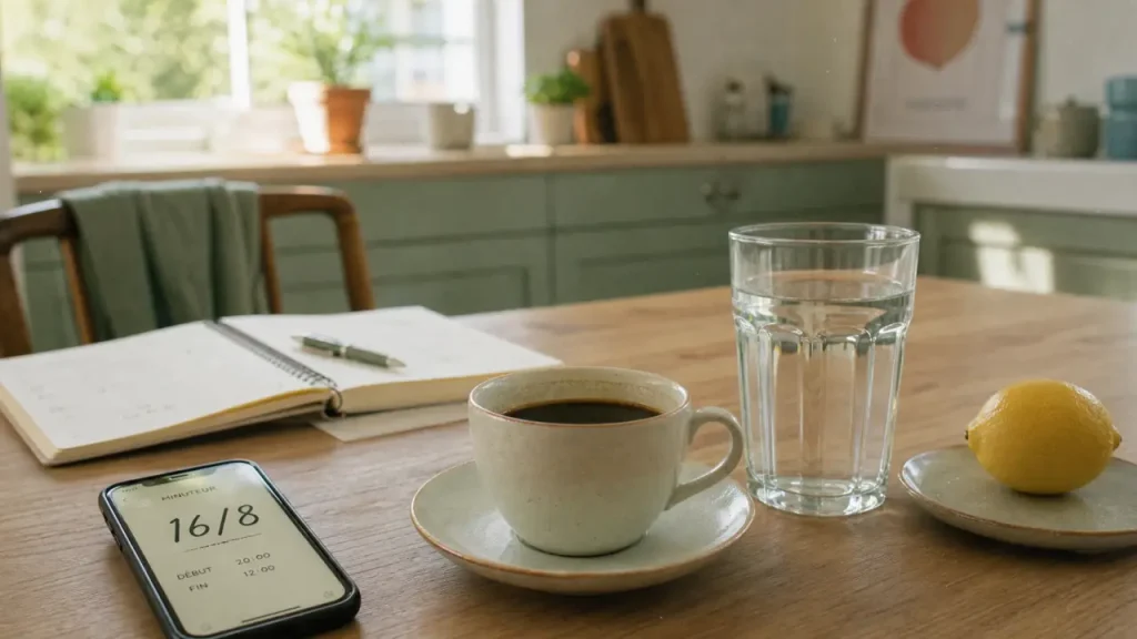 Jeûne intermittent 16/8 : comment faire le jeune intermittent, café noir et eau dans la cuisine