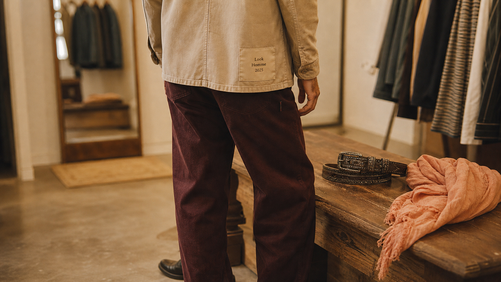 Look homme 2025 : tenue homme moderne avec surchemise beige et boots noires