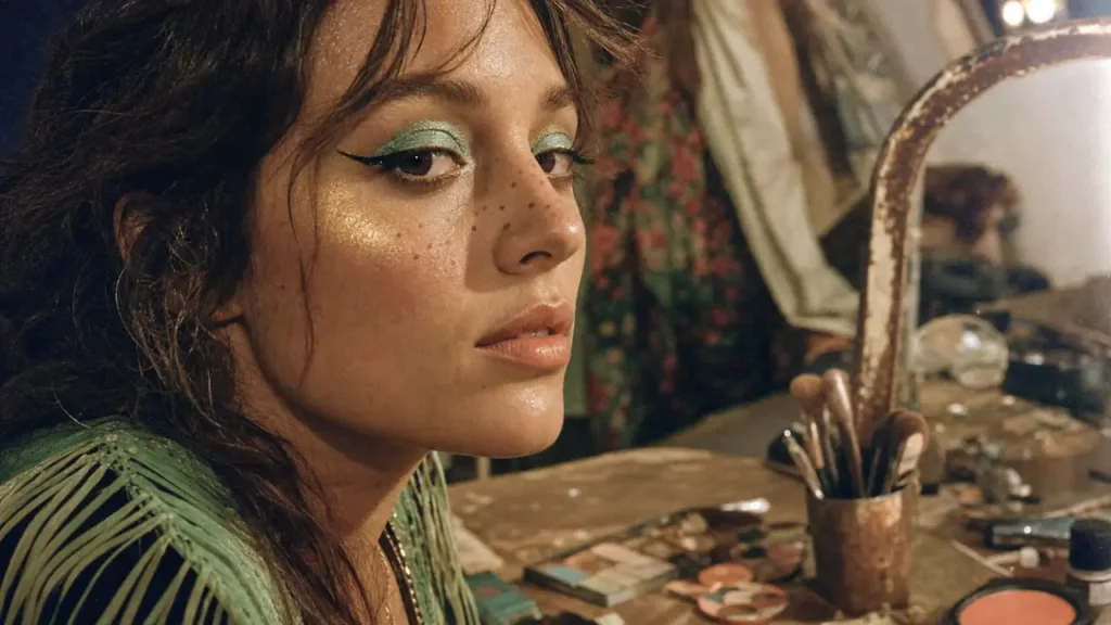 Maquillage hippie festival : teint lumineux et yeux turquoise irisés