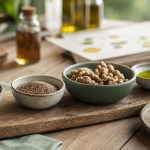 Omega 3 et 6 : huiles en bols et sardines sur une table