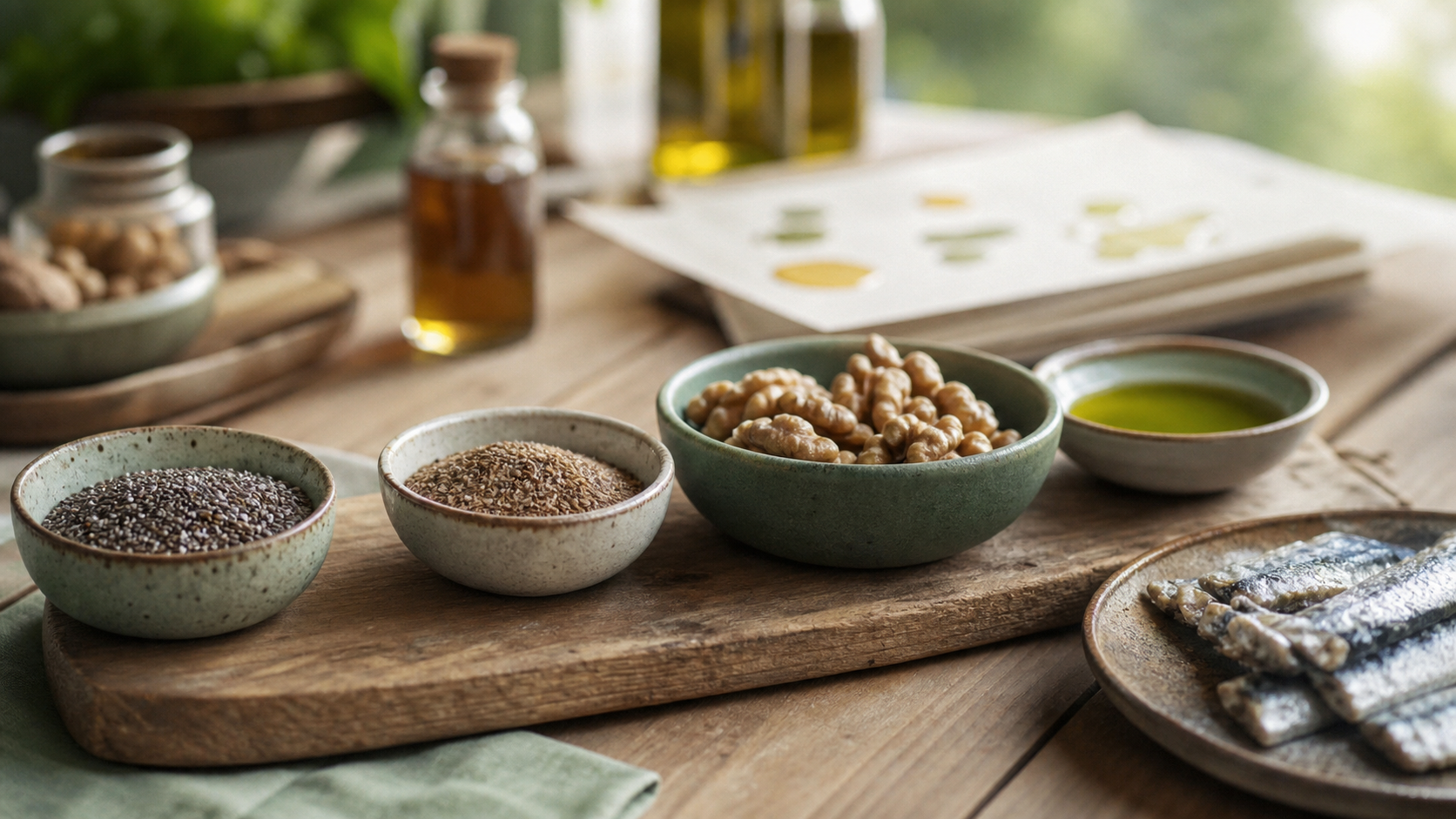 Omega 3 et 6 : huiles en bols et sardines sur une table