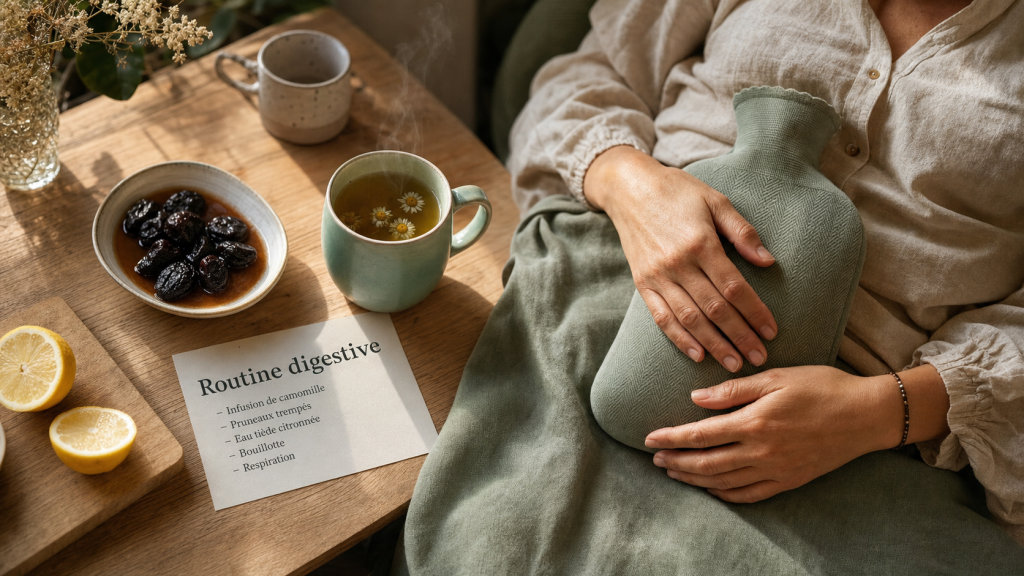 Remede de grand mere pour nettoyer l estomac : infusion de camomille, pruneaux et bouillotte tiède