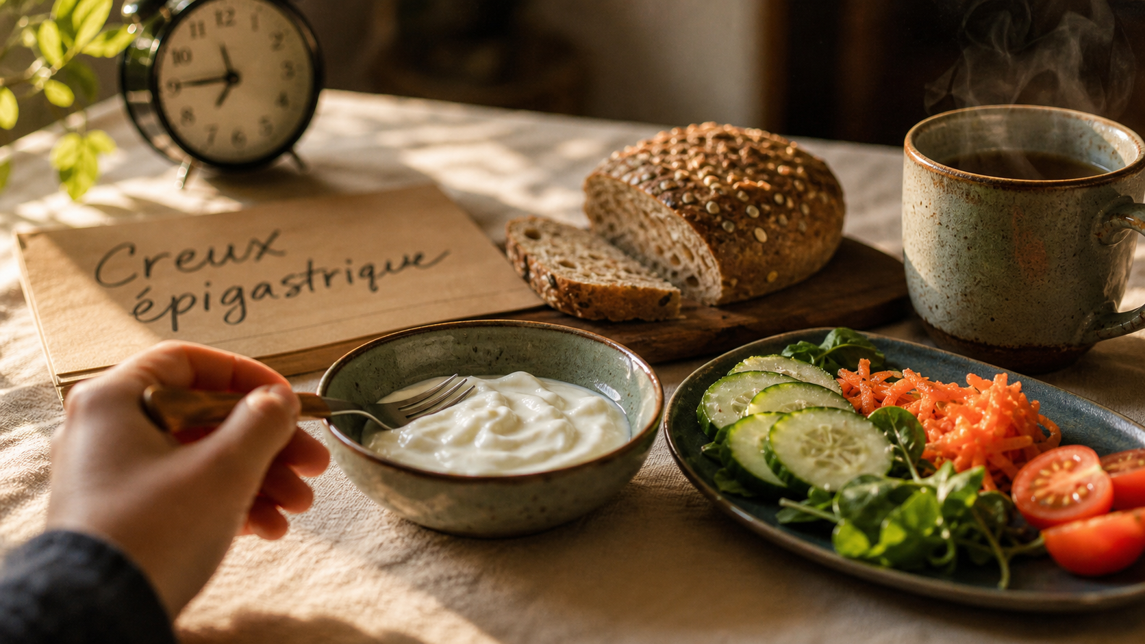 Sensation de faim permanente estomac, creux épigastrique et stress près d’un repas