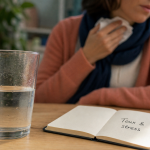 Stress et toux : verre d’eau, mouchoir près de la gorge