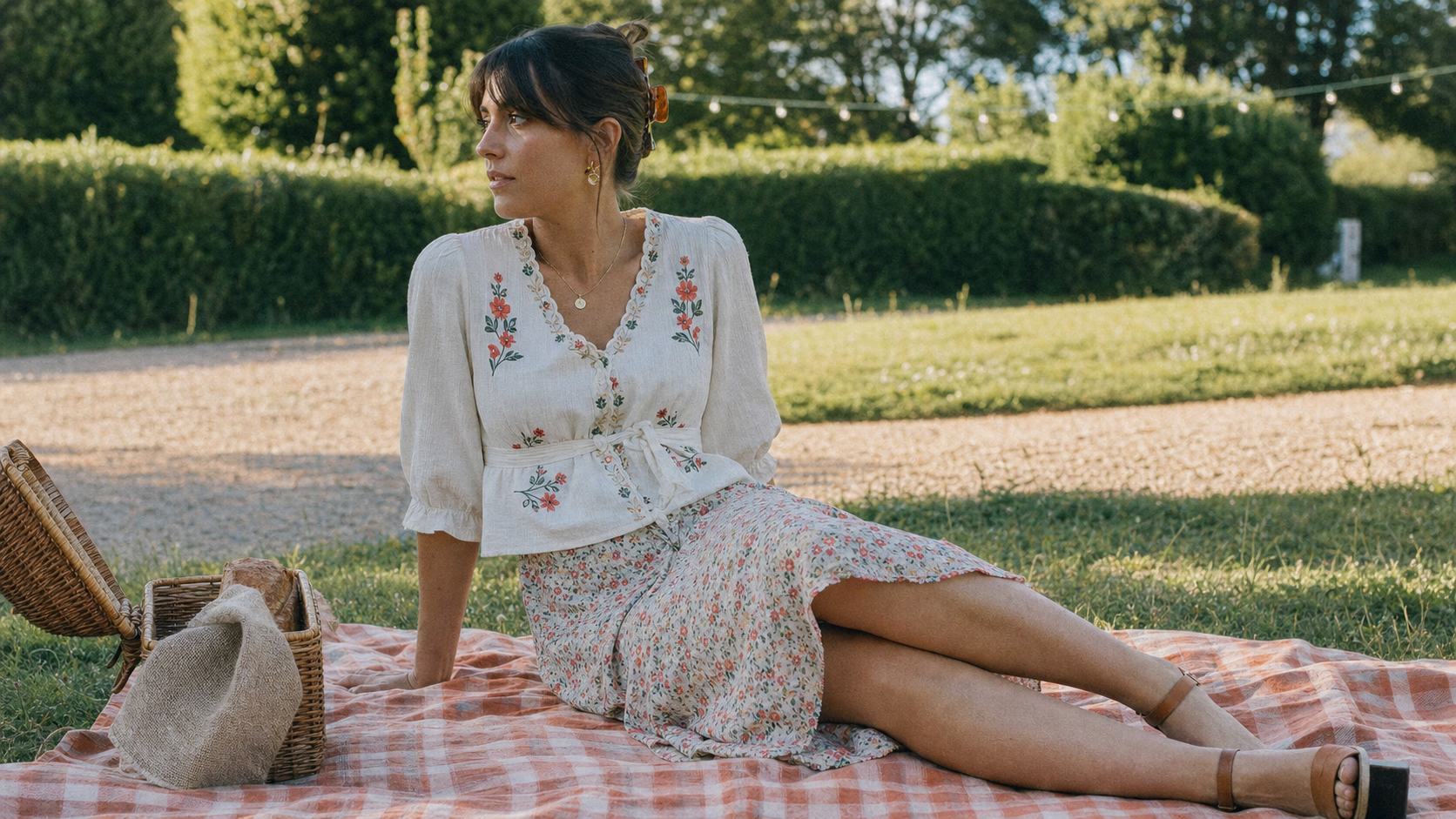 Tenue champetre femme : robe midi florale, blouse brodée, sandales