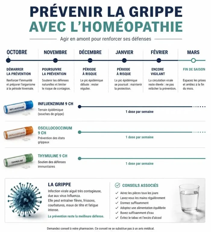 Infographie prévention grippe homéopathie : calendrier saisonnier et souches principales