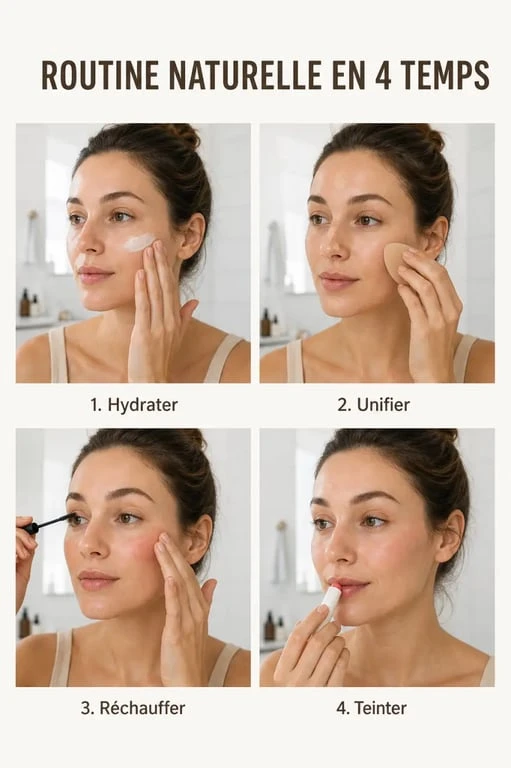 Maquillage leger naturel en quatre étapes dans une composition éditoriale