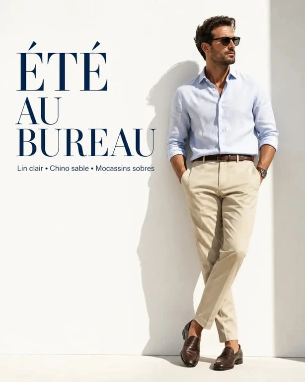 Tenue été homme classe pour le bureau, chemise claire et chino élégant