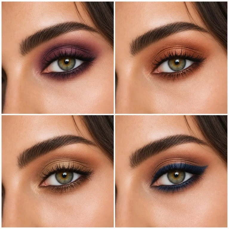 Yeux marron vert quel maquillage : montage comparatif de regards avec prune, cuivre, doré et bleu marine