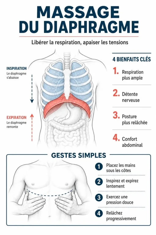 Massage diaphragme bienfaits : schéma des effets sur la respiration, la détente et la posture