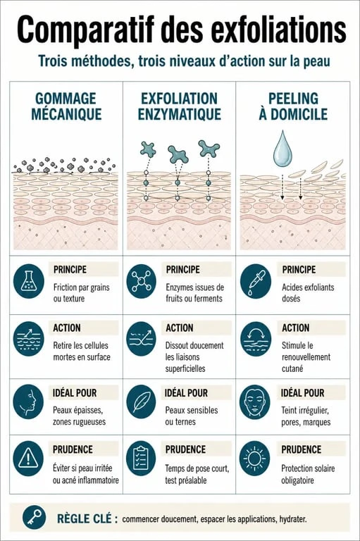 Comment avoir une peau lisse : comparaison visuelle des gommages, exfoliants chimiques et peeling à domicile