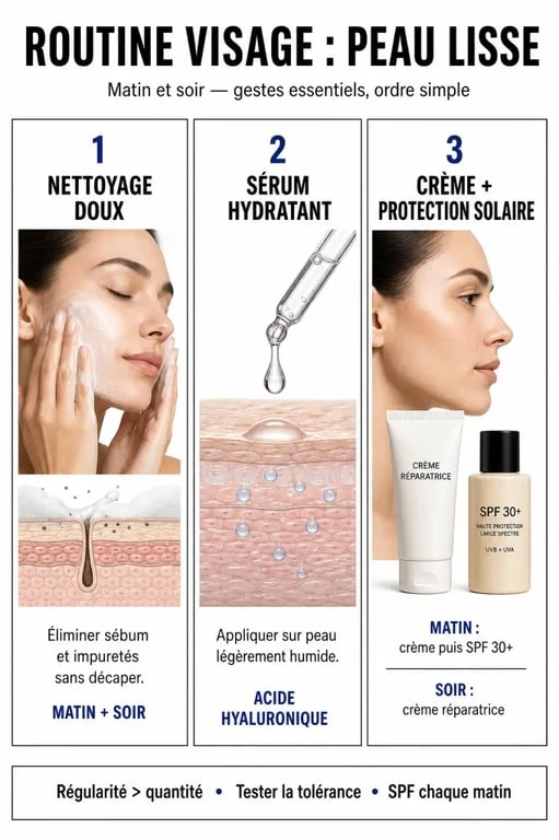 Comment avoir une peau lisse : routine visage matin et soir en trois étapes pour nettoyer, hydrater et protéger