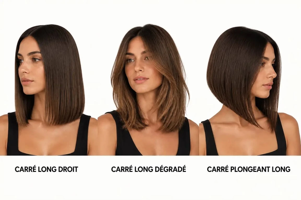 Carré long cheveux épais : comparaison visuelle entre carré long droit, dégradé et plongeant