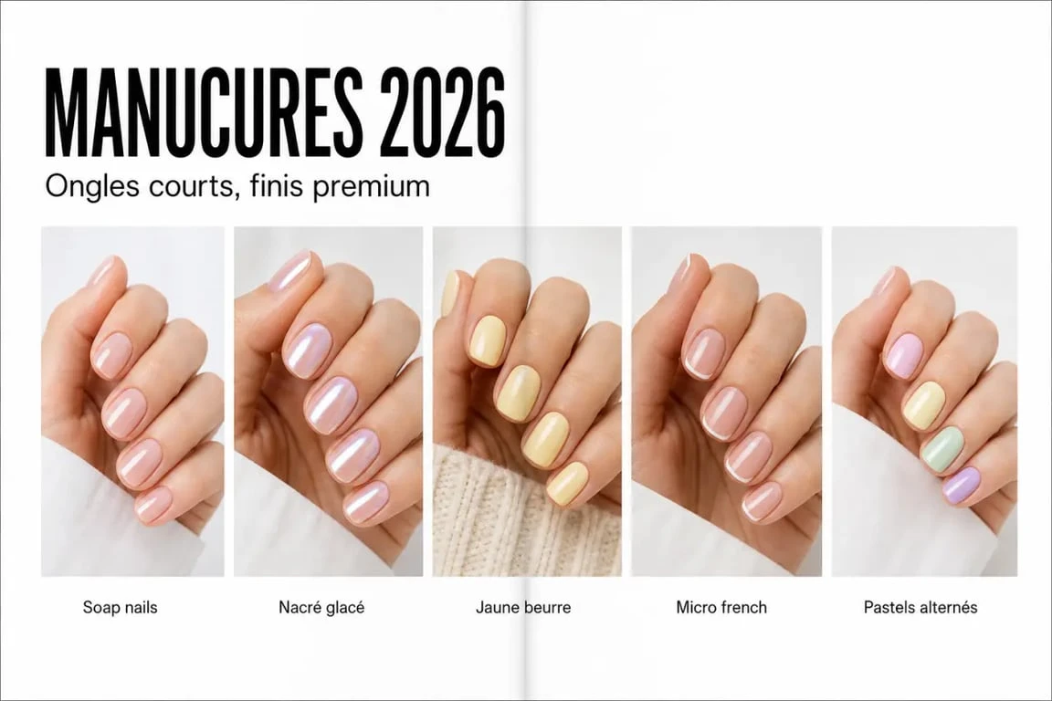 Ongles 2026 tendance : collage éditorial de manucures courtes rosées, glazed et butter yellow