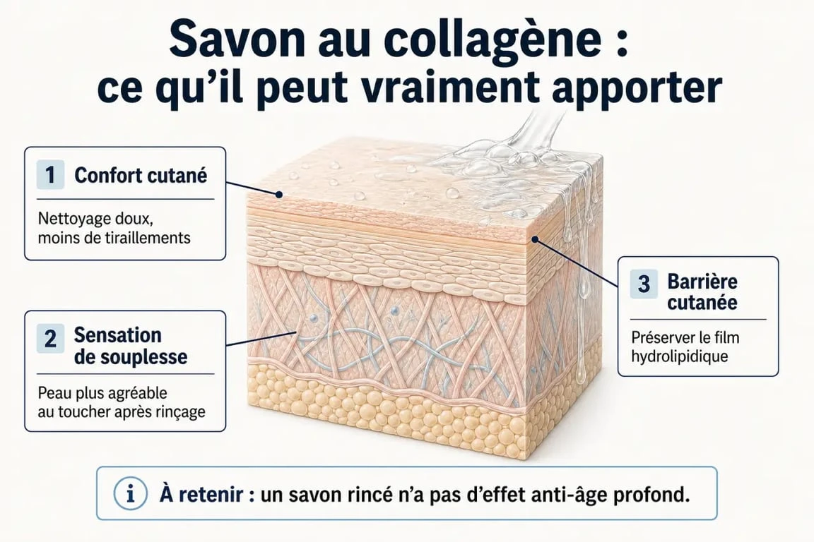 Savon au collagène bienfaits : infographie éditoriale sur le confort cutané et les limites d’un savon rincé