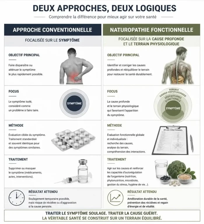 Comparatif entre médecine conventionnelle et naturopathie fonctionnelle