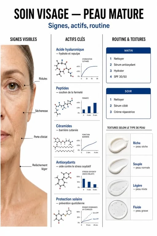 Infographie sur le soin visage peau mature : signes, actifs clés, routines et textures adaptées