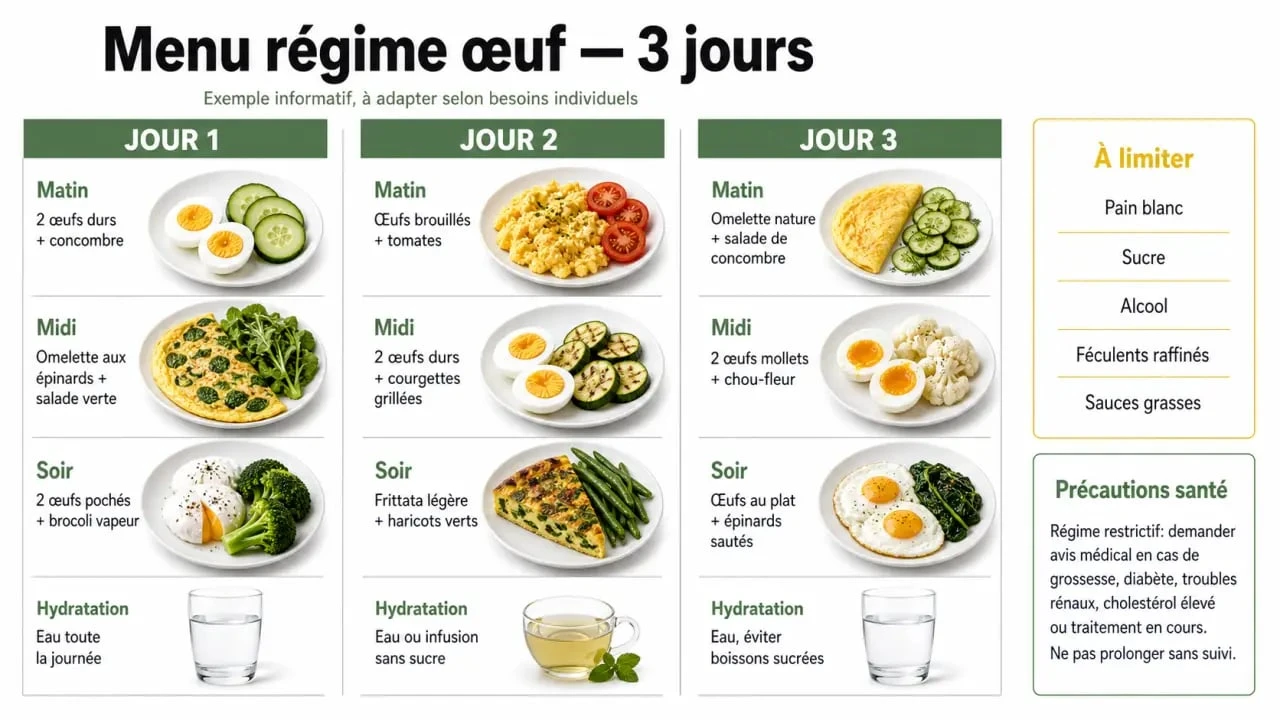 Régime oeuf menu : tableau visuel du menu sur 3 jours avec œufs, légumes non féculents et aliments à éviter