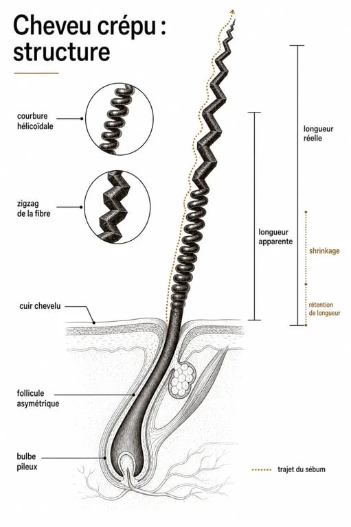 Schéma des cheveux crépus montrant le follicule pileux, la forme en spirale ou en Z et la répartition du sébum