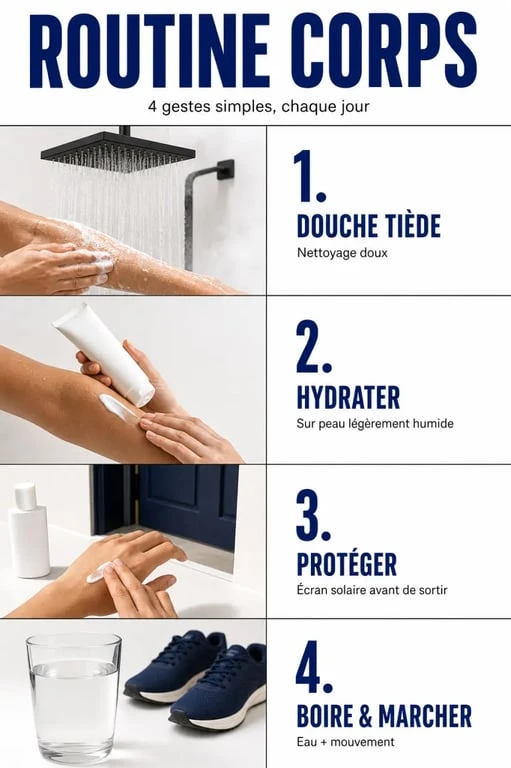 Prendre soin de son corps avec une routine quotidienne simple : douche tiède, hydratation, protection solaire et verre d’eau