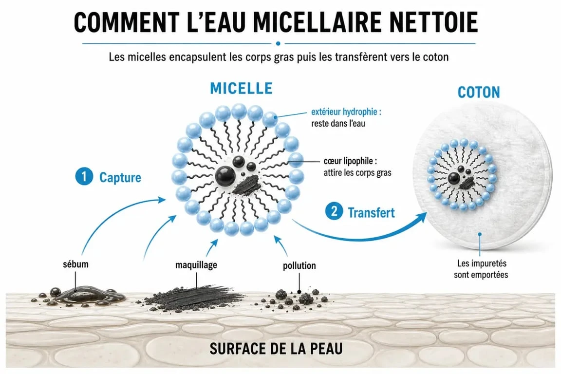 Eau micellaire c'est quoi : schéma du fonctionnement des micelles sur la peau