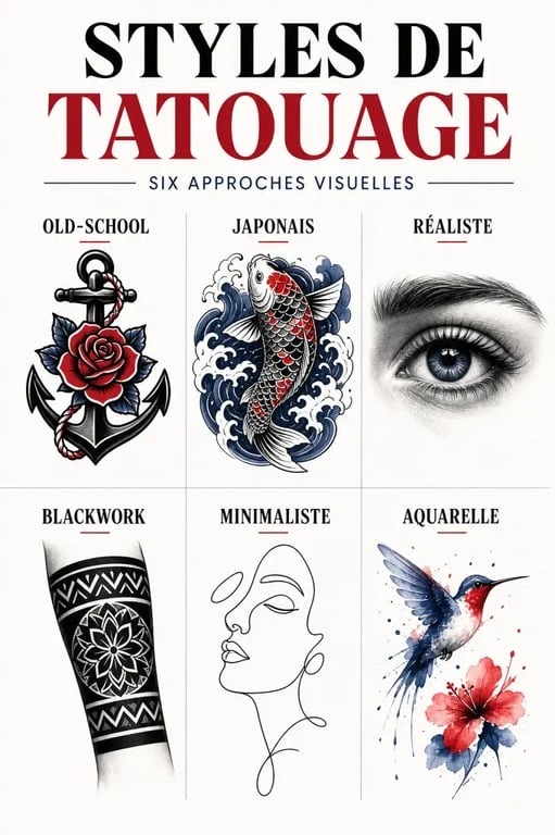Comparatif visuel du style tatouage : old-school, japonais, réaliste, blackwork, minimaliste et aquarelle