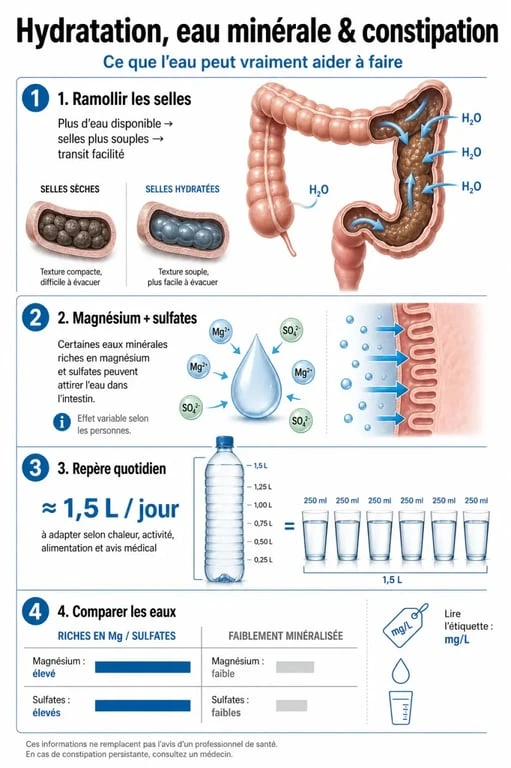 Infographie sur l’eau constipation : hydratation, magnésium et sulfates pour aider le transit