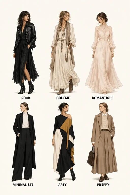 Style vetement femme : six silhouettes illustrant les styles rock, bohème, romantique, minimaliste, arty et preppy
