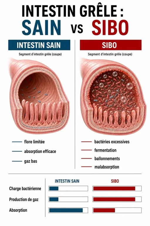 Schéma explicatif du SIBO et symptômes traitement