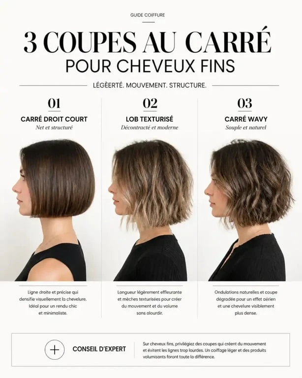 Différents styles de coupes au carré pour cheveux fins pour gagner en volume et densité