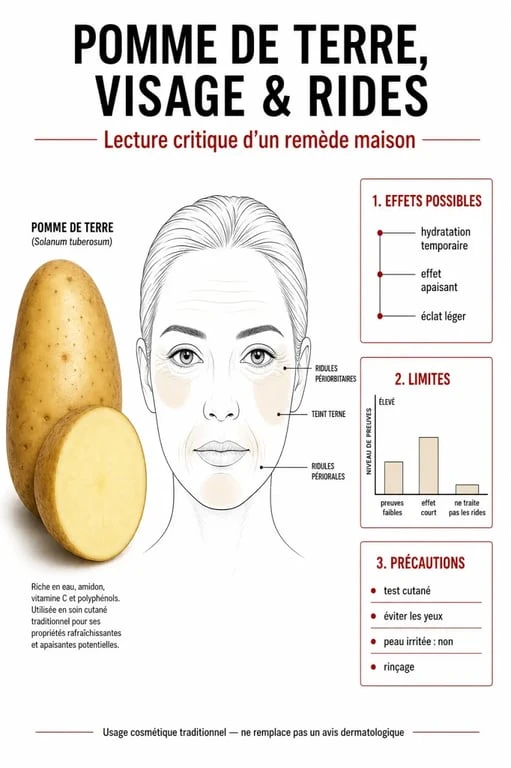 Infographie sur la pomme de terre visage rides : effets possibles, limites, conseils d’application et précautions