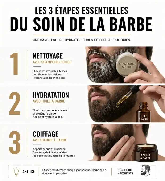Infographie des étapes de soin barbe pour une routine efficace