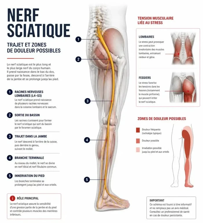 Schéma du stress sciatique montrant le trajet du nerf sciatique et les zones de douleur