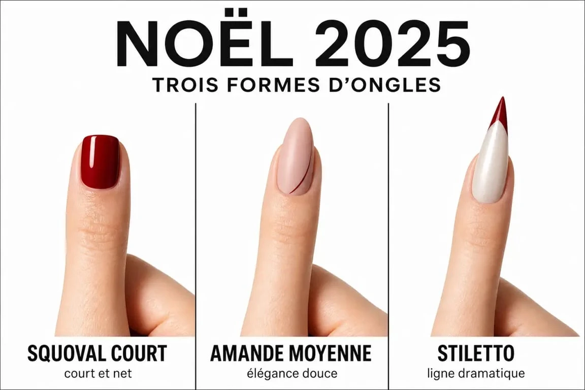 Ongle de noel 2025 : comparaison des formes squoval, amande et stiletto