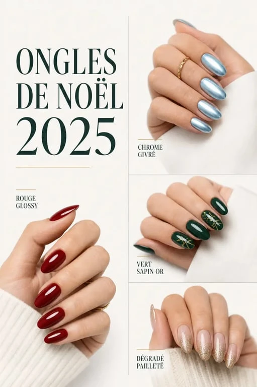 Ongle de noel 2025 : quatre styles festifs en composition éditoriale