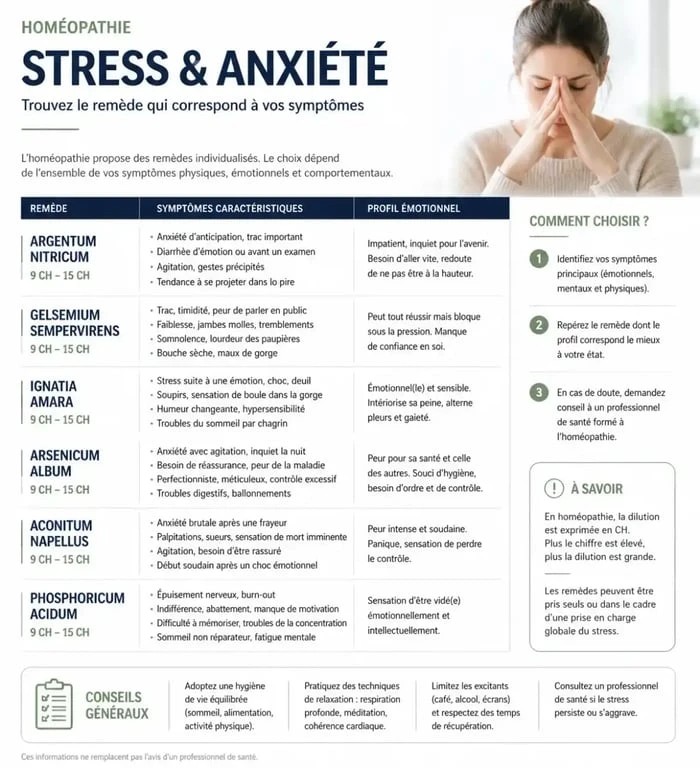 Infographie des souches d'homéopathie pour le stress et l'anxiété